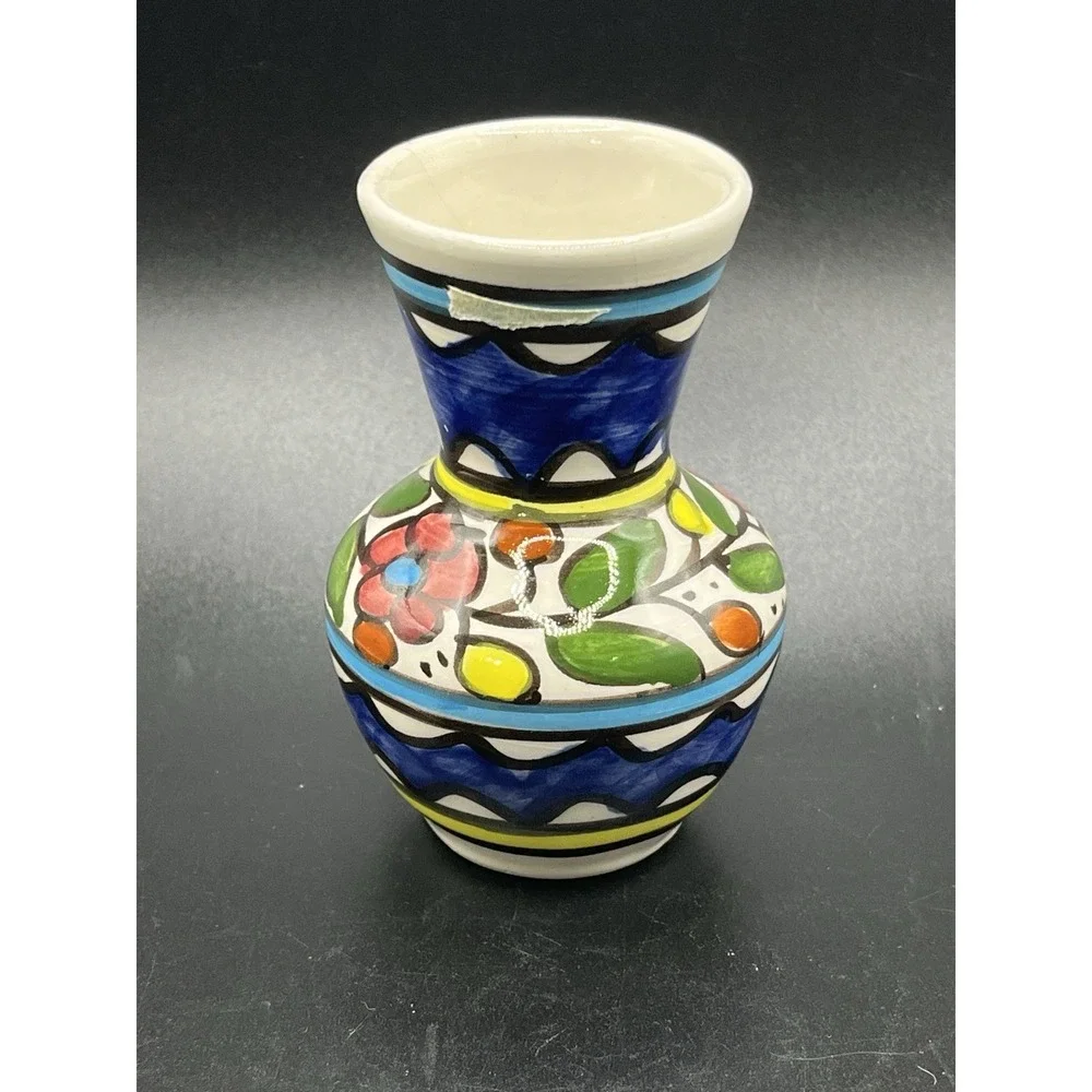 Armenian Small Pottery‎ Bud Vase Blue, Red, Green,Yellow Flowers Leaves 3.75